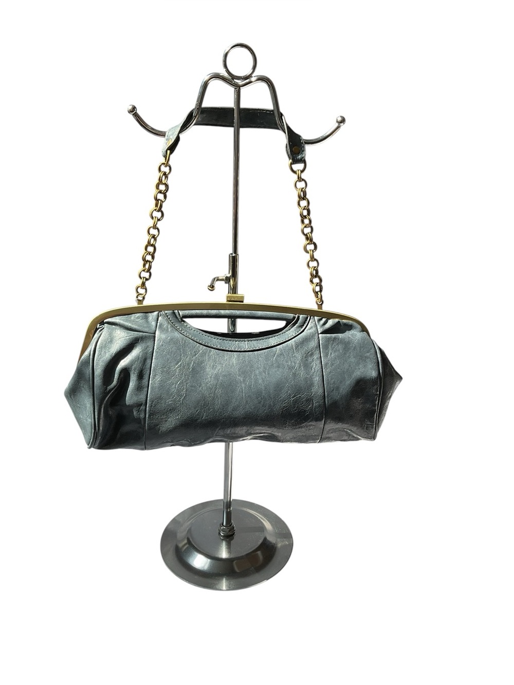 Bueno Black Leather Mini Frame-Top Shoulder Bag with Gold Chain